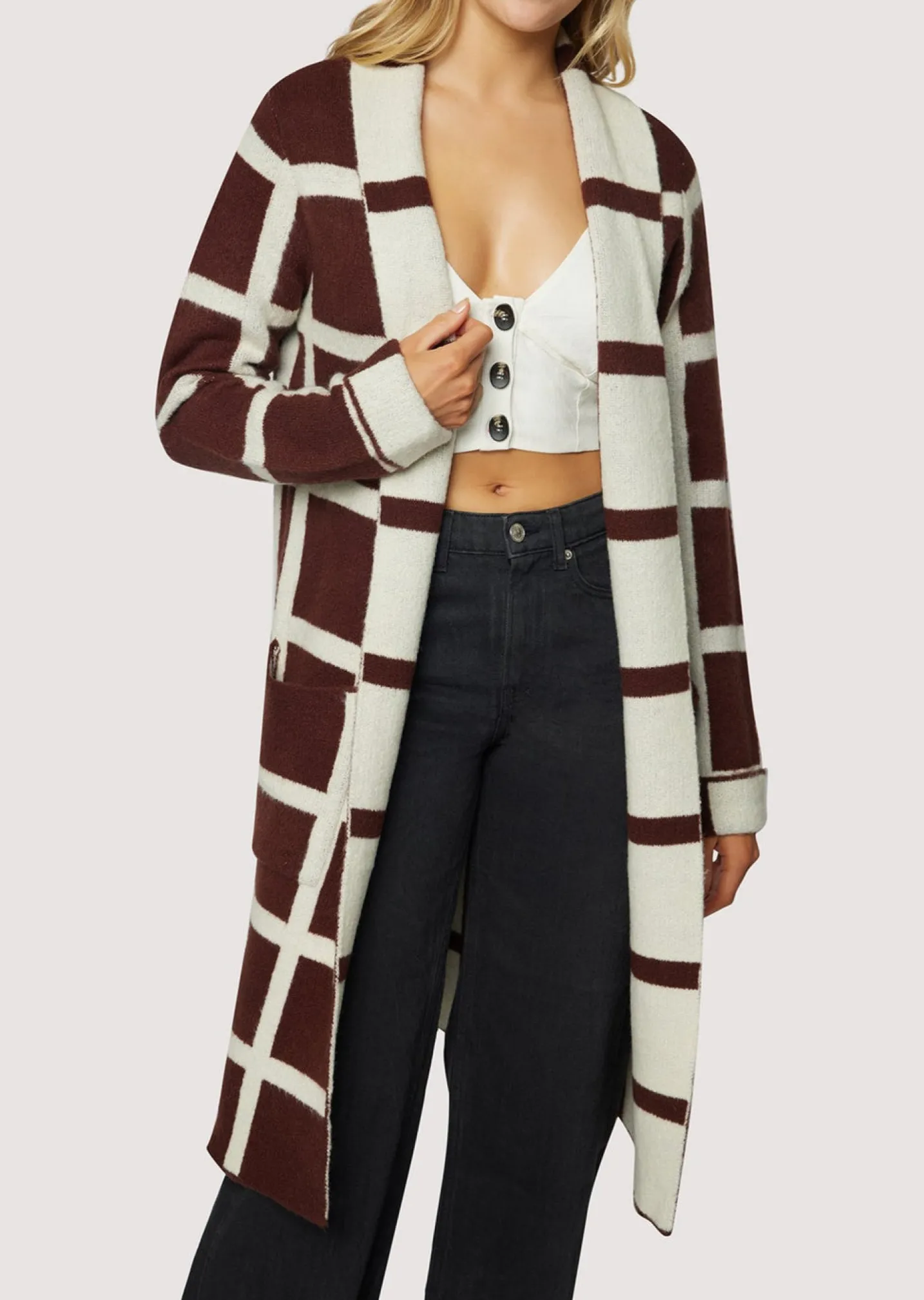 Lost + Wander Tops*Off The Grid Cardigan DARK-BROWN-GRID