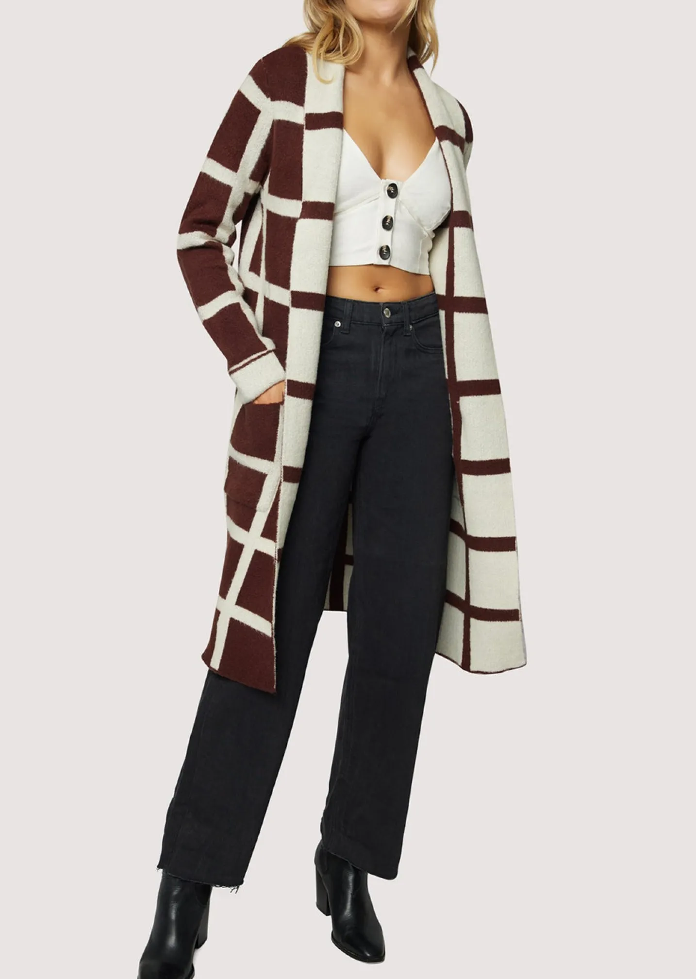 Lost + Wander Sweaters*Off The Grid Cardigan DARK-BROWN-GRID