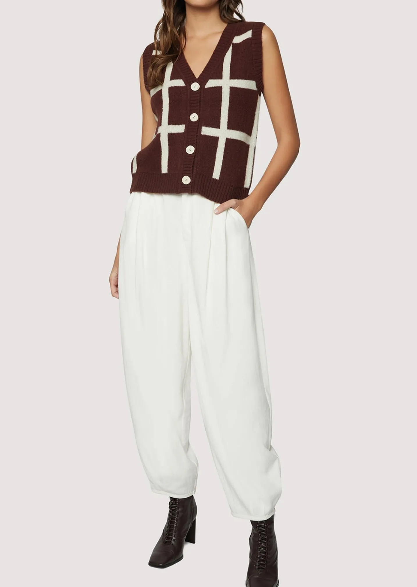 Lost + Wander Sweaters*Off The Grid Vest DARK-BROWN-GRID